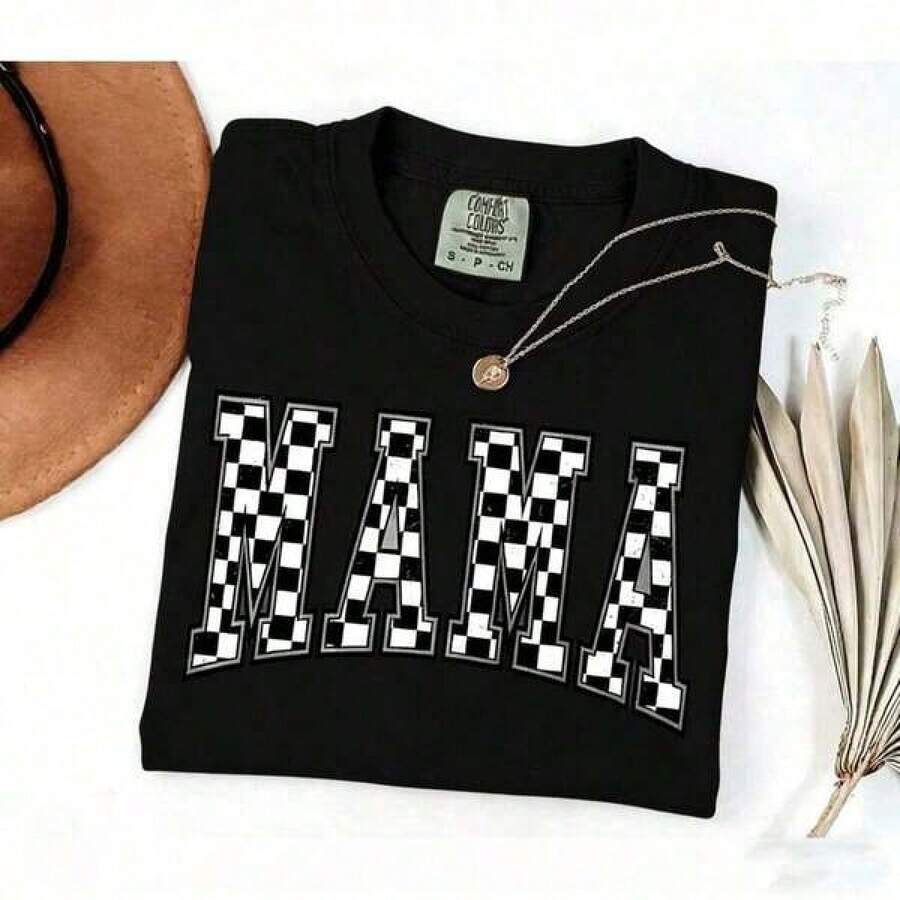 Nueva camiseta estampadaTropical Outfits For Women[100% Cotton] VPRNT Checkered Mama Shirt, Gift For Mom, Retro Mom Shirt, Mother's Day Gift, Vintage Checkered Shirt, Tee, Full Colors, Summer & Fall & Winter Styles Short Sleeve Tops - Unisex Women's & Men's Campus Daily WearLoose And Comfortablemaija,Conjuntos a juego para niñas, conjuntos madre-hija, adecuados para regalos de San Valentín, unisex, camisetas conmemorativas, San Valentín, estilo anime japonés, conjuntos para padres e hijos, San Valentín, camisetas gráficas para hombres. - Negro - Ver 1
