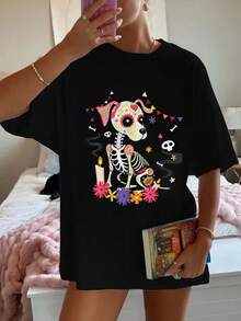 Camiseta de moda femenina de verano de manga corta camiseta de moda casual al aire libre 'perro esquelético' camiseta casual femenina con estampado relajado - Negro - Ver 2