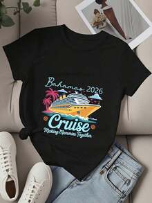 Women's Crew Neck T-Shirt, Cruise Ship Print, Bahamas Palm Trees And Birds 2026, Short Sleeve, Creating Memories Together, Travel, Vacation, Beach Party, Summer Clothes, Casual Blouses For Ladies - 黑色 - 查看 2