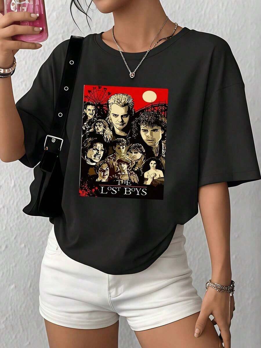 's Casual TShirt Movie Theme 100% Cotton Tee 1Pcs Retro Style Graphic Print T Shirt Casual Blouses For Women - 黑色 - 查看 1