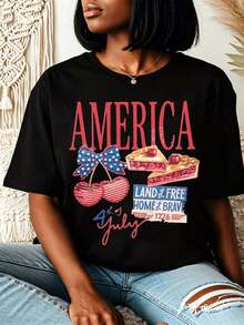 250th Anniversary Commemorative Shirt Of The United States,America Land Free Home Brave 4th July Comfortable Crew Neck Short-Sleeve Casual T-Shirt,Machine Washable. 100% Cotton,Half 500th Anniversary Celebration Gift,American History Commemorative T-Shirt, Suitable For 250th Anniversary Celebration,Daily Outfits For Men And Womenplayeras De Mujer - 黑色 - 查看 1