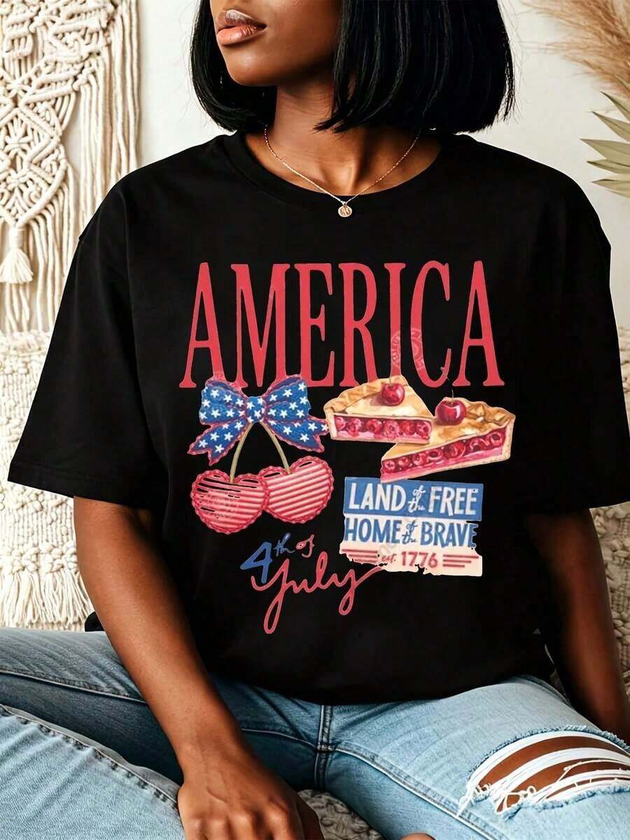 250th Anniversary Commemorative Shirt Of The United States,America Land Free Home Brave 4th July Comfortable Crew Neck Short-Sleeve Casual T-Shirt,Machine Washable. 100% Cotton,Half 500th Anniversary Celebration Gift,American History Commemorative T-Shirt, Suitable For 250th Anniversary Celebration,Daily Outfits For Men And Womenplayeras De Mujer - 黑色 - 查看 1