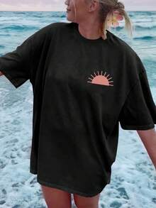 Women's Spring/Summer Clothing With Double-Sided Print, Vintage Style Top For Women, Sun And Beach Design, "Take Me To The Beach" Print, Versatile Short Sleeve, Drop Shoulder, Oversized T-Shirt, Women's Winter Clothing. - 黑色 - 查看 3