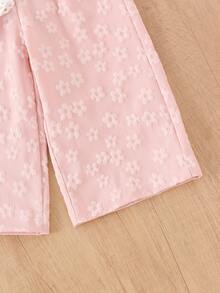 2pcs Baby Girls Elegant Hollow Floral Trim Vest Top And Pink Jacquard Pants Set, Cute Spring/Summer Outfit - White - View 6