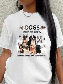 Short-Sleeved T-Shirt For Dog Lovers, Printed With The Design "Dogs Make Me Happy, People Give Me Headaches," Featuring A Cute Dog Motif. Lightweight And Durable, Perfect For Casual Wear At Home Or Outdoors. Women's Casual Blouse - 白色 - 查看 7
