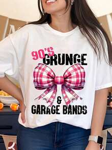 Women's 90s Grunge And Garage Band T-Shirt With Pink Plaid Bow Design,  Retro Top, Casual Wear For Music Lovers, Party Outfit, Summer Streetwear, Cool Summer Clothes For Women. - 白色 - 查看 6