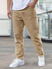 Men's Solid Color Casual Straight Leg Jeans - Khaki - View 1