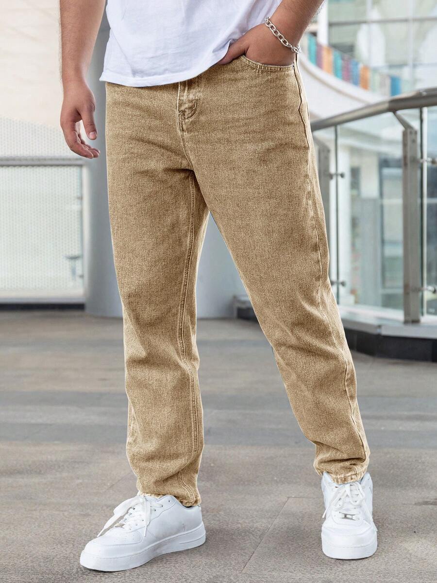 Men's Solid Color Casual Straight Leg Jeans - Khaki - View 1