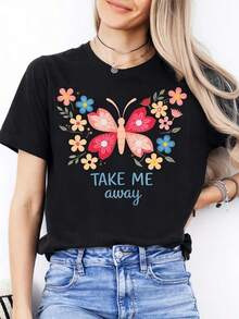 Women's 180g Pure Cotton Short-Sleeve Crew Neck T-Shirt With Print, Sizes S-XXL - The Perfect Mother's Day Gift - Casual Crew Neck T-Shirt For Women, Perfect For Mother's Day. | Short Sleeves With A Butterfly Floral Print, Suitable For Everyday Wear, An Ideal Gift For Friends And Family. - 黑色 - 查看 12