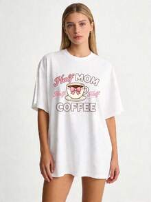 Camiseta casual básica de cuello redondo para mujer, tallas S-2XL, 100% blanco puro, diseño "Half Mom, Half Coffee", adecuada para familias y parejas, perfecta para primavera y verano, un regalo ideal para el Día de la Madre, familiares y amigos cercanos, ecológica. - Blanco - Ver 1