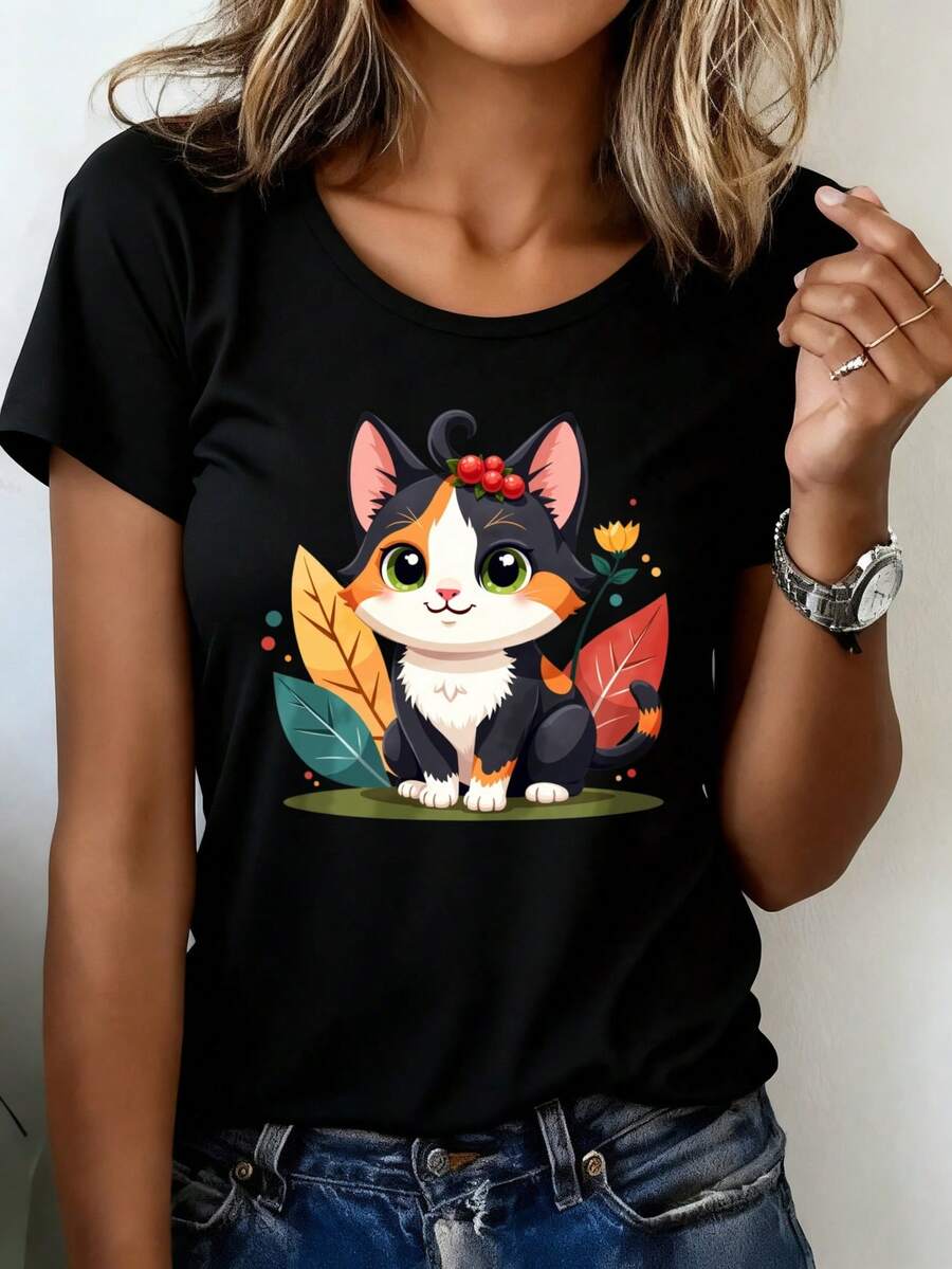 Camiseta Deportiva Casual para Mujer con Diseño de Gato de Dibujos Animados Colorido - Camiseta Negra Elástica de Cuello Redondo, Lavable aáquina, Ajuste Cómodo y Apta para Todas las Estaciones. - Negro - Ver 1