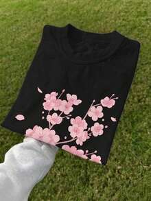 Spring And Summer Tops For Women In Japanese Style, With Cherry Blossom And Petal Design, Made Of Pure Fabric, Loose Fit, Round Neck, Short Sleeve T-Shirt, Winter Clothing For Women. - Black - View 7
