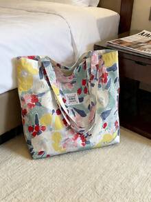 Large Capacity Floral Canvas Tote Bag, Rose Pattern Beach Bag Shoulder Bag, Summer - Multicolor - View 7