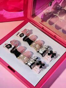 Stellar Bow Ribbon Press On Nails 10Pcs, Handmade 2026 Spring Zebra Print Nails With Black Bow, Stars & Space Charms, Balletcore Coquette Y2K Glam, Reusable Gel Acrylic - Black and White - View 12