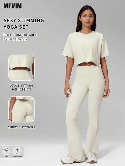 MFVIM Conjunto de 2 piezas de mujer con manga corta y mallas, tela suave y versátil para uso casual, correr, yoga, pilates, gimnasio. Camiseta regular + pantalones ajustados de cintura alta para levantar