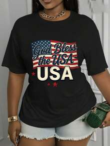 Camiseta Estampada para Mujer - Camiseta Casual Negra de Manga Corta y Cuello Redondo con Diseño Dios Bendiga a los EE. UU.. Con un Corte Relajado para Todas las Estaciones, la Elección Perfecta Tanto para el Uso Diario como para tus Atuendos de Vacaciones (Lavable aáquina). - Negro - Ver 6