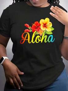 Camiseta Casual para Mujer, Top Deportivo de Manga Corta para Uso Diario, Camiseta Estampada con Diseño de Flores Tropicales Estilo Aloha, Ideal para Ir de Vacaciones - Blanco - Ver 5