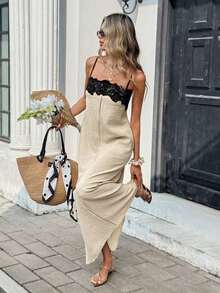 Vestido midi de vacaciones sin tirantes con parches de encaje y contraste de color para mujer - Negro - Ver 5