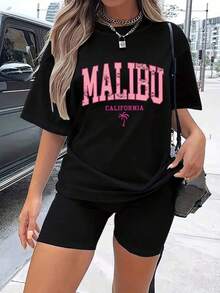 Women's T-Shirt With Retro "Malibu California" Print, Comfortable And Breathable, Made Of Pure Cotton, Short Sleeve, Round Neck, Loose Fit, Urban Casual Style, With A Pink College Letter Print For Everyday Wear. - 黑色 - 查看 6