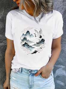 Women's Printed Short-Sleeved T-Shirt With A Round Neck, Modern And Casual, Machine Washable, Comfortable Fit. Casual Blouses For Women. - 白色_03 - 查看 7