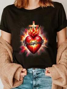 Women's Blouses, Sacred Heart Of Jesus Catholic Devotional T-Shirt, Round Neck, Short Sleeve, Graphic Tee For Women And Men, Graphic Tees, Crop Tops For Women, Summer Outfits For Women, Fashion Tee, - 黑色 - 查看 8