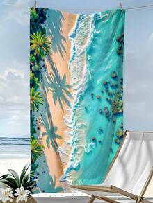 250gsm Super Absorbent Quick Dry Microfiber Beach Towel With Sunny Coconut Tree Pattern, Suitable For Beach, Pool, Yoga Mat, Sunscreen Shawl, Summer Travel, Camping, Swimming, Picnic - Cadet Blue - View 12
