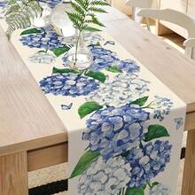 1 pieza Camino de mesa con estampado de hortensias azules acuarela y mariposas, estilo romántico de Cottagecore decorativo para cocina, sala de estar, fiesta y picnic al aire libre, acento primaveral suave para el hogar - Multicolor - Ver 5
