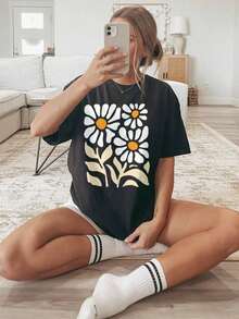 Camiseta con Estampado Floral Bohemio, Manga Corta, Cuello Redondo, Estilo Casual para Verano y Primavera, Ropa de Mujer, Camiseta de Algodón - Negro - Ver 1