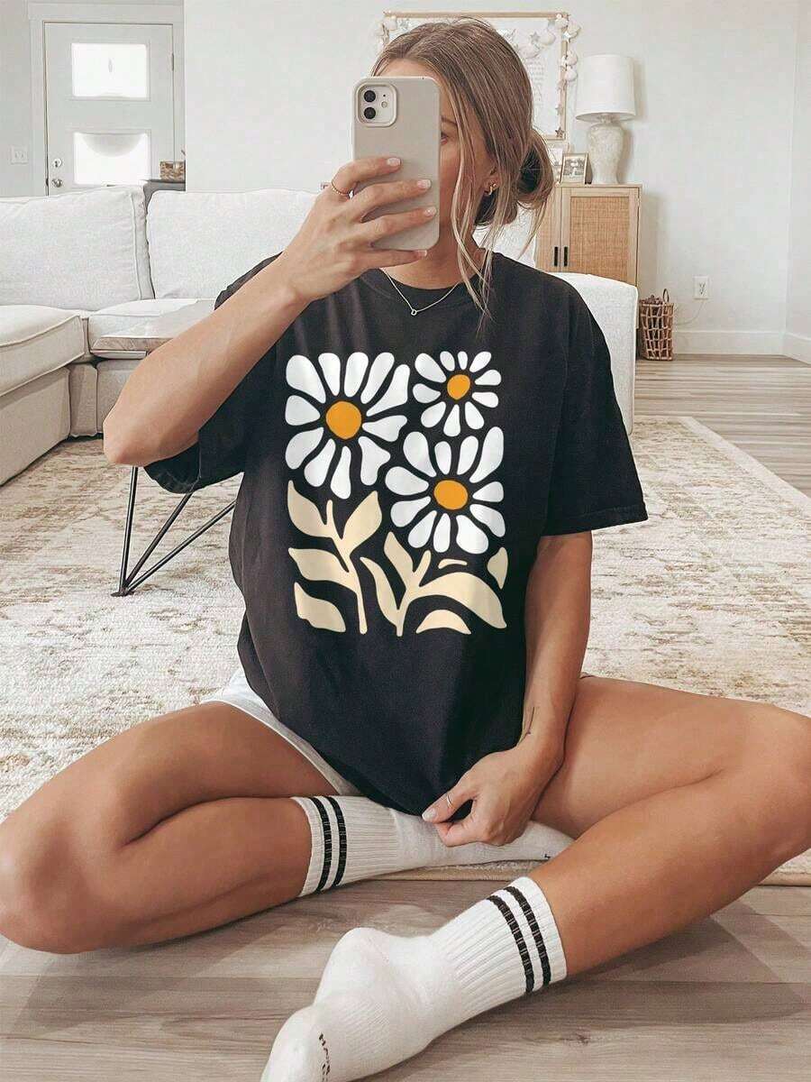 Camiseta con Estampado Floral Bohemio, Manga Corta, Cuello Redondo, Estilo Casual para Verano y Primavera, Ropa de Mujer, Camiseta de Algodón - Negro - Ver 1