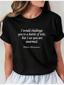 I Challenge You: A Battle Of Wits. Women's Short-Sleeved T-Shirt With A Round Neck And Patchwork Design, Retro Style, Simple, For Spring-Summer, Model I01. Casual Round Neck T-Shirt. Comfortable Women's Clothing. Universal Basic Style. - 黑色 - 查看 9