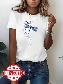 Una blusa casual para mujer hecha del 100%, con un diseño estampado, mangas cortas y cuello redondo, perfecta para primavera y verano - Blanco - Ver 2