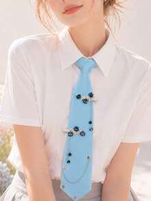 1pc Women's Fashion Solid Color Rhinestone Flower Decor Elegant Tie, Suitable For Party, School, Travel, Date, Shirt Matching - Multicolor - View 3