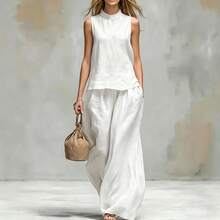 Women's Two-Piece Set, European And American Style 2026, With High Neck, Sleeveless, Cotton And Linen, Solid Color. - Khaki - View 3