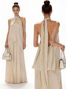 2pcs Solid Color Elegant Backless Tie Front Short Back Long Women's Suit, Beach Vacation Date Outfit, Spring/Summer - Apricot - View 1