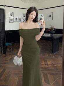 Vestido de mujer con escote ilusión descubierto de hombros y cintura fruncida, elegante para bodas y citas - Verde militar - Ver 3
