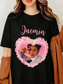 Jaemin NCTS K-Pop Merch Graphic Tee, Pink Coquette Heart Ribbon, NCTS Jaemin Shirt, NCTS Jaemin Coquette Bow Bootleg Merch Shirt, Gift Ideas For NCTS Fans, Birthday Gift & Concert Merch, NCTS Tour 2024, Black Short Sleeve Crewneck T-Shirt Unisex - Black - View 6