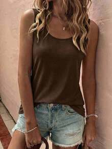 LUNE La nueva moda primavera y verano, chaleco casual de cuello redondo a rayas azul y blanco con cuello profundo rojo en contraste - Café integral - Ver 3