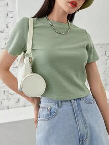 Camiseta de punto acanalado sólido, estilo "Old Money", Crop Tops, Ropa casual de negocios para mujer - verde menta - Ver 9