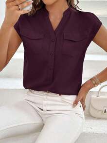 Camisa Con Cuello Vuelto De Color Liso Para Mujer Con Bolsillo Con Solapa - Rojo violeta - Ver 1