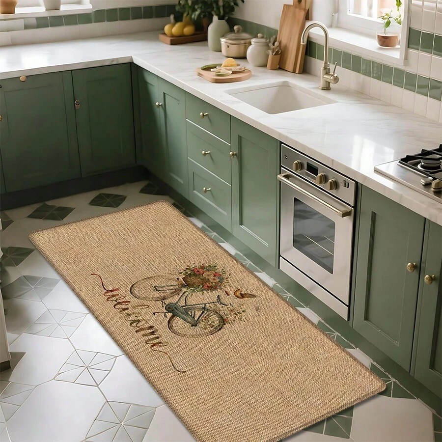 1pc Bicycle Pattern Printed Linen Kitchen Rug, Carpet, Mat, Bathroom Mat, Doormat, 3D Printed Rectangular, Suitable For Living Room, Bedroom, Hallway, Bathroom, Laundry Room - Polyester Carpet, For Indoor And Outdoor Home Decor - Multicolor - View 1
