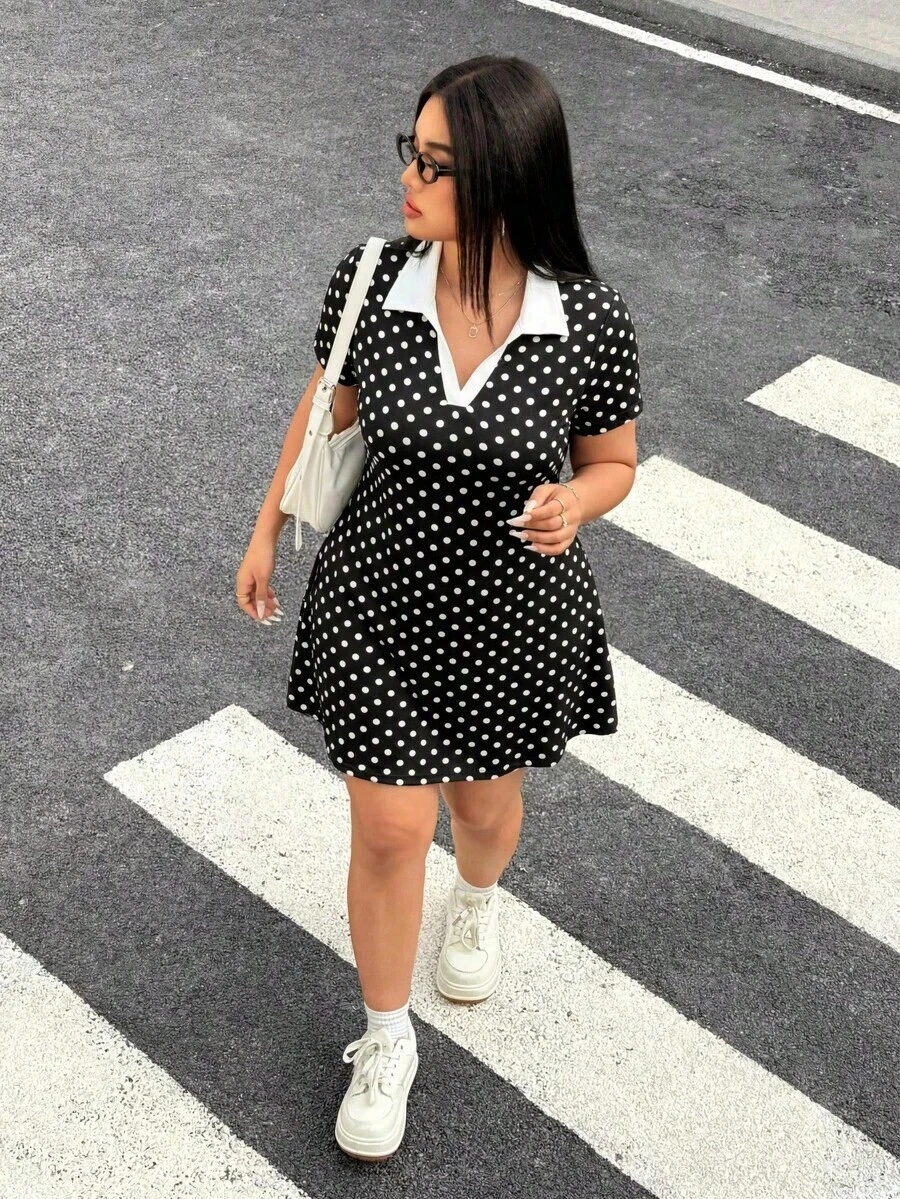 Vestido casual de manga corta con bloques de color y cuello de solapa para mujer talla grande - Blanco y Negro 2 - Ver 1
