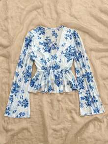 Blusa informal de unicolor con mangas acampanadas para mujer - Azul y blanco - Ver 2