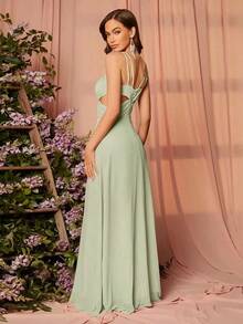 Vestido de dama de honor elegante con tirantes finos y corte calado para el verano - verde menta - Ver 2