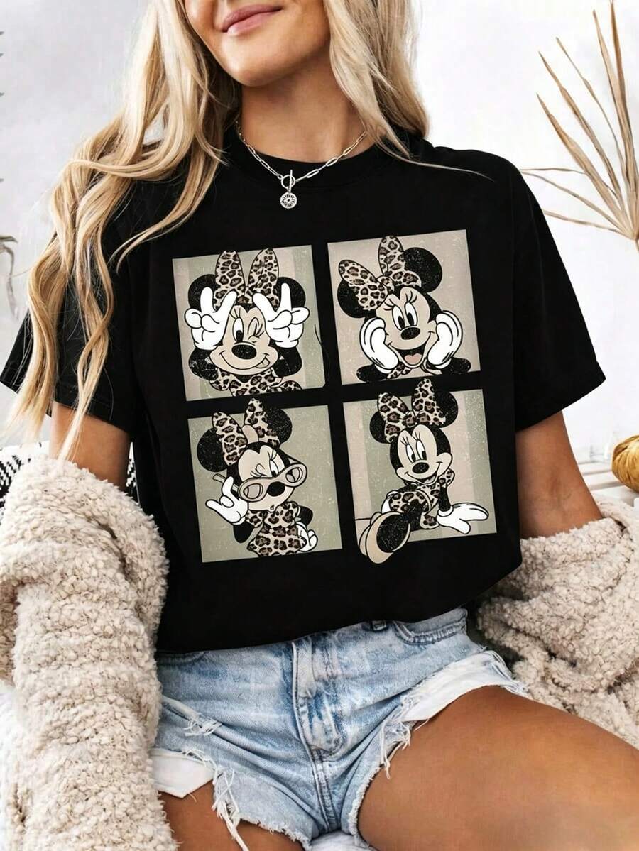 Disney Cartoon Four Big Ears Retro Cartoon Printed T-Shirt, Suitable For Daily Wear, Easy To Wear In Summer, Micro-Elastic, Soft Round Neck Casual Daily Shirt, Round Neck Summer Sweatshirt, Both Men And Women, Loose Version, Holiday Gifts.--Disneys Disneyland Paris The Magic Kingdom Disneyesque The House Of Mouse Mickey Mouse Empire Modest Summer Outfits Take That T Shirt Summer Coord Tops For Women Summer Summer Clothes Women Summer Clothes Summer Tops Summer Tops Women Summer Co Ord Summer Top Summer Outfits White Top Black Top Holiday Outfits For Women  Tops For Women Summer Holiday Gifts Valentine's Day Gifts Earth Day Gifts Oktoberfest Gifts Summer Bank Holiday Gifts - 黑色 - 查看 1