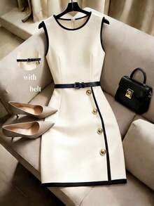 Vestido casual y elegante para mujer, con decoración de hebilla metálica, tela tejida de color contrastante, cuello redondo, sin mangas, cintura ceñida y falda corta, incluye un cinturón de cuero ajustable como decoración.Vestido elegante para - Albaricoque - Ver 1