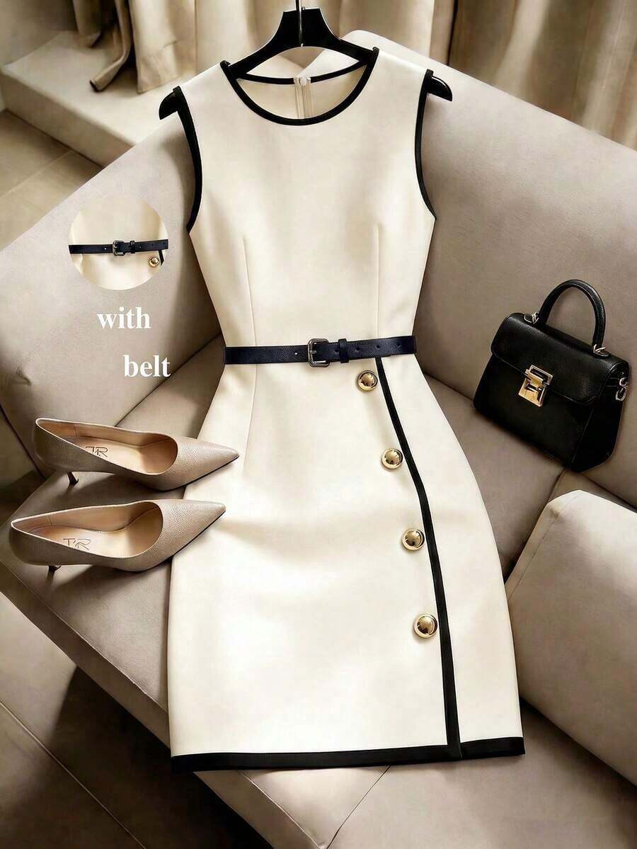 Vestido casual y elegante para mujer, con decoración de hebilla metálica, tela tejida de color contrastante, cuello redondo, sin mangas, cintura ceñida y falda corta, incluye un cinturón de cuero ajustable como decoración.Vestido elegante para - Albaricoque - Ver 1