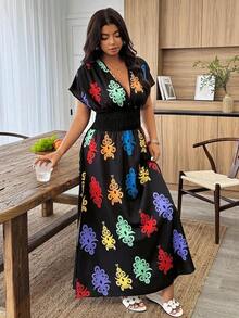Vestido de talla grande para mujer con cintura fruncida y profunda, y abertura alta en el lateral - Multicolor - Ver 3
