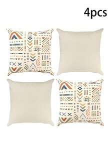 1pc Bohemian Geometric Pattern Throw Pillow Cover, Beige Background Vintage Triangle Wave Line Print + Solid Color Linen Style, Exotic Sofa Cushion Cover, Polyester With Zipper Machine Washable, Pillow Insert Not Included - Multicolor - View 9