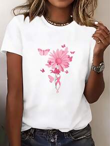 Camiseta de manga corta para mujer, estilo blusa con estampado floral rosa, adecuada para viajes, playa, vacaciones y como regalo. Camiseta casual de verano lavable aáquina, cómoda para citas y uso diario. Camiseta unisex de algodón holgada de manga corta y cuello redondo, estilo vintage urbano. - Blanco - Ver 1