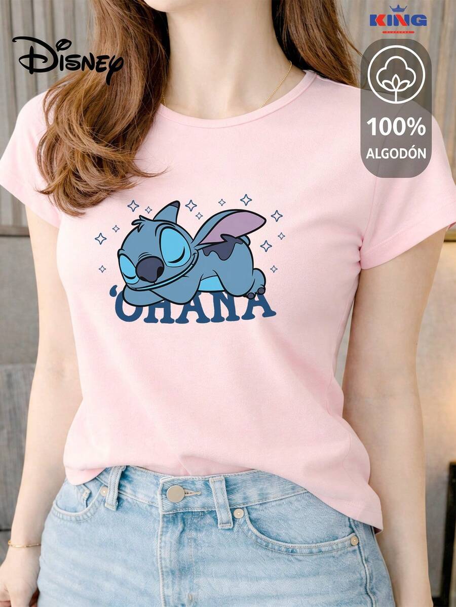 This 100% Cotton T-Shirt Is Of Excellent Quality, Guaranteeing Exceptional Softness To The Touch. It Features A Round Neck With A "Disney Stitch Ohana Sleepy" Print And Short Sleeves. - 粉色 - 查看 1